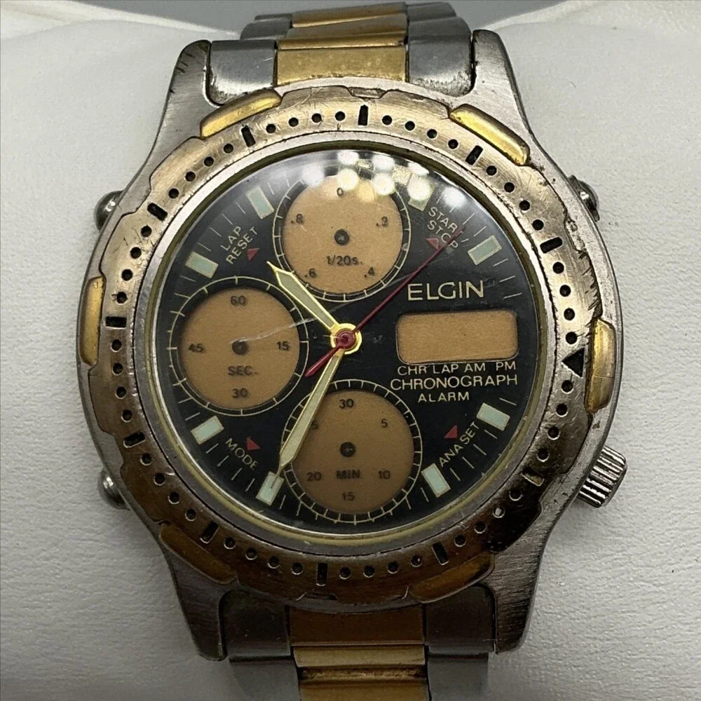Elgin Mens Watch 40mm Black Gold Dial Chronograph NOT RUNNING FOR PARTS